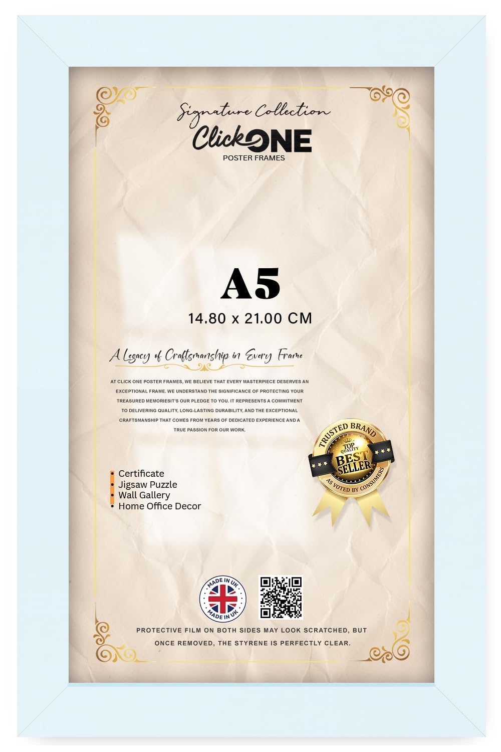 Click One — Elegant Rectangle A5 (14.80 X 21.00 CM) Poster Picture Holder | Solid Engineered Wood Backing With Hanging Hooks Clear Perspex Window Borderless Edge 8 X 5.5 Inch White