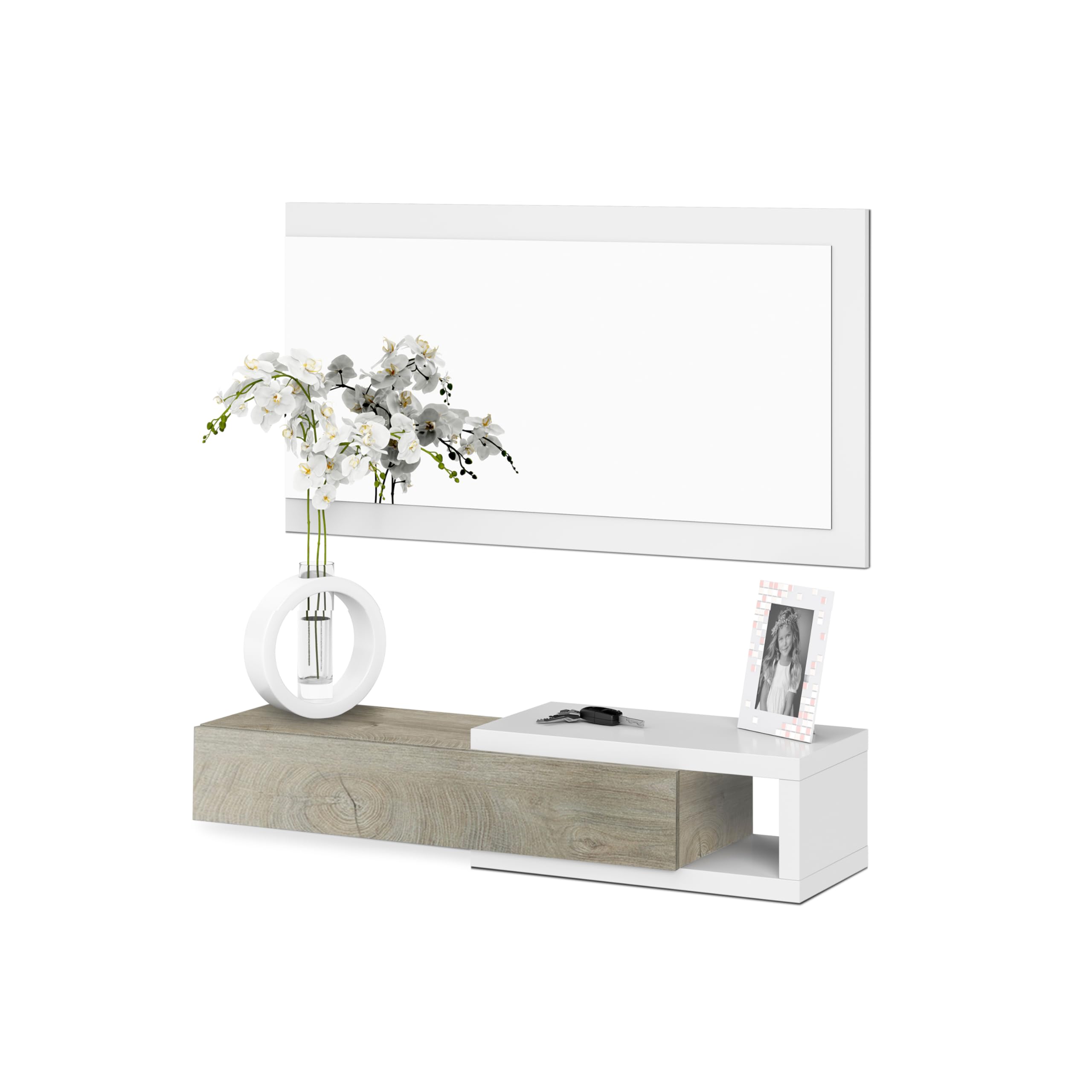 duehome | Recibidor con Cajon y Espejo, Mueble de Entrada, Modelo Derek, Acabado en Blanco Artik y Roble Alaska, Medidas: 95 cm (Ancho) x 19 cm (Alto) x 26 cm (Fondo)