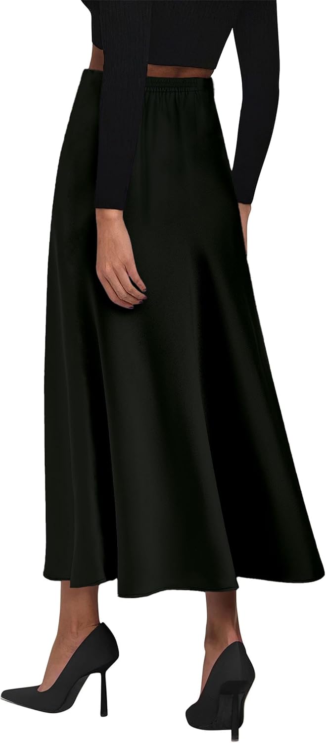 DERAX Women's Stain Skirt Fall Silk Elegant High Waist Work Cocktail Party Wedding Flowy A Line Midi Long Length Skirts - Image 2