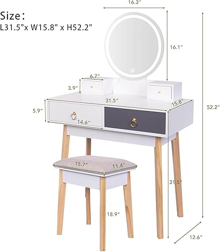 Miniatura 9 de Juego de tocador de maquillaje con espejo iluminado, escritorio blanco con cajones y taburete acolchado, mesa de maquillaje con espejo de luces