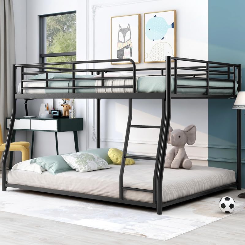 Metal Bunk Bed Full XL Over Queen, Floor Bunk Bed with Ladder & Safety Guardrail, Modern Montessori Bed Frame No Box Spring Needed, Simple to Assemble, Black