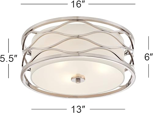 Miniatura 4 de Possini Euro Design Austen - Lámpara de techo moderna de 16 pulgadas de ancho, marco ondulado de níquel cepillado, pantalla de tambor de tela blanca