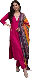 INDO ERA Women's Silk Blend Embroidered Sequinned Kurta & Pant with Dupatta Set Price In India