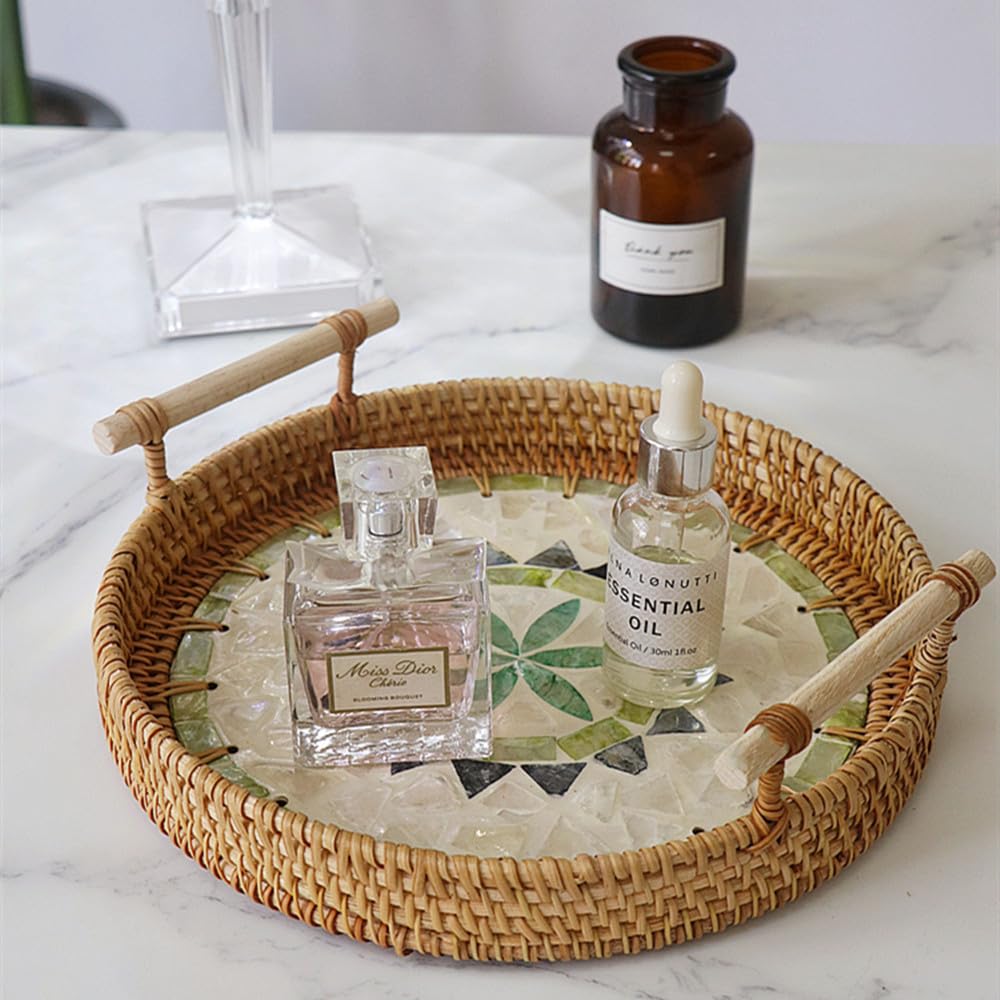 Vassoio da Portata in Rattan Con Manici, Vassoio Decorativo Rotondo Vassoio Cucina, Vassoio Portaoggetti per Caffè, Bevande, Colazione, tè, Pane, Candele