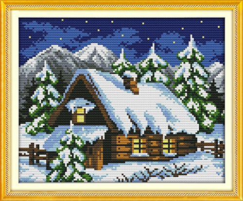 YEESAM ART Cross Stitch Kits Stamped for Adults Beginner Kids, Winter Snow Trees Fairy Tale House 11CT 37Ã—29cm DIY Embroidery Needlework Kit with Easy Funny Preprinted Patterns Needlepoint Christmas