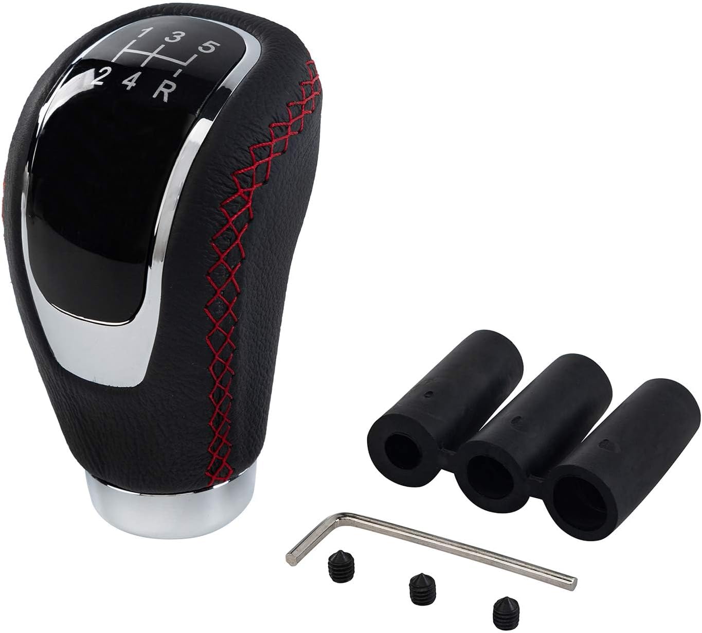 Possbay Universal Gear Shift Knob Manual Gear Shifter Stick Car Shifter Adapter with 3 Adapters 8mm 10mm 12mm for Cars Aluminum Alloy Leather (Black and Red)