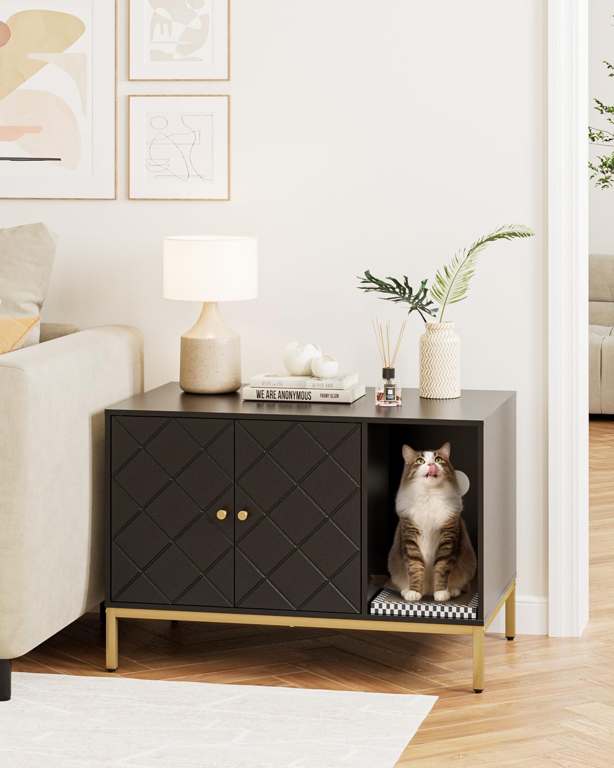 Katzenklo Schrank, Katzenkloschrank mit Doppeltüren, Katzenhaus mit Kratzmatte, hohe Beine, für Katzentoilette, Beistelltisch, 80x50x55 cm, schwarz,Überkreuzmuster
