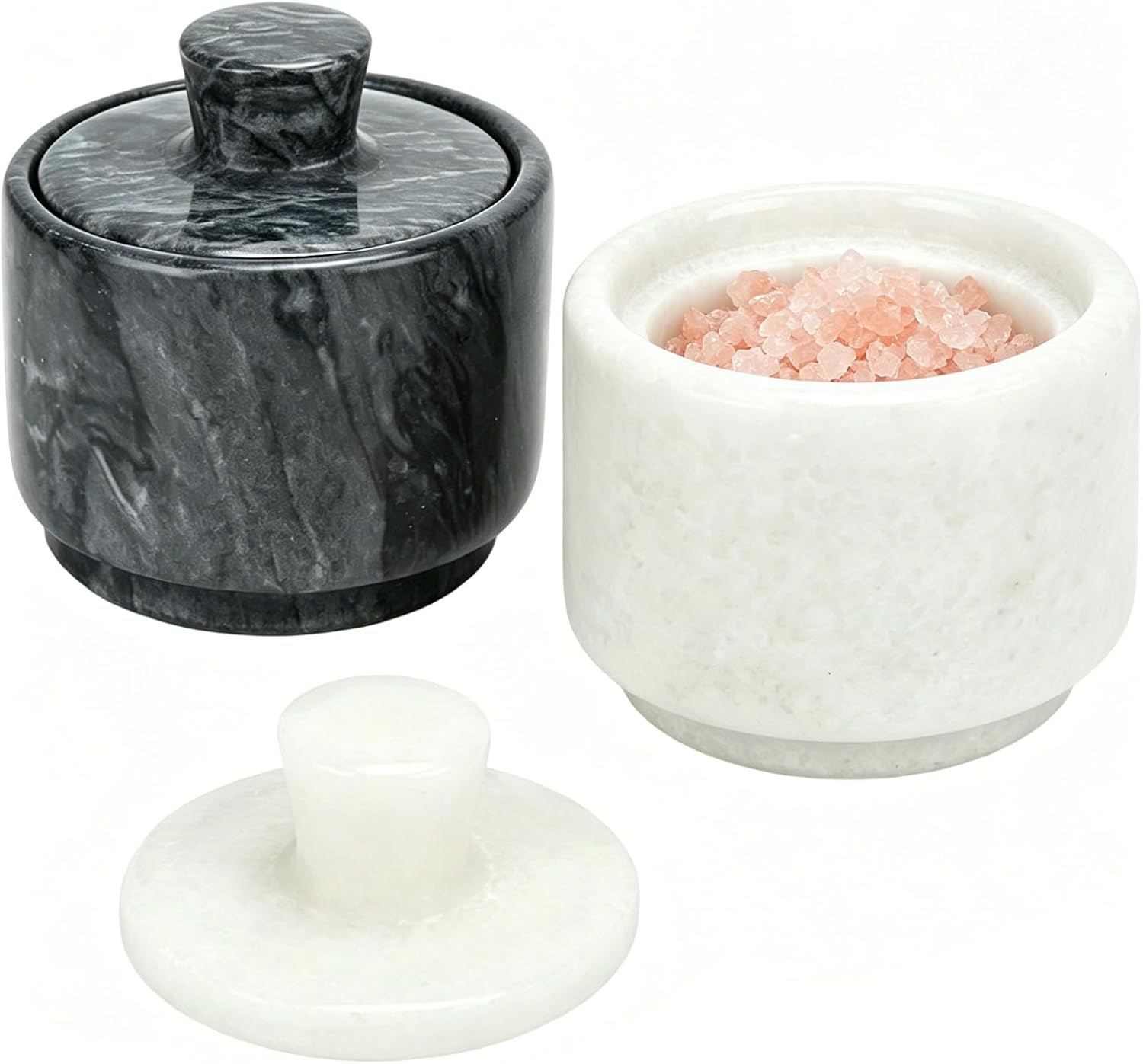 2pcs Marble Salt Cellar with Lid, Salt and Pepper Bowl Box Container Jar Holder