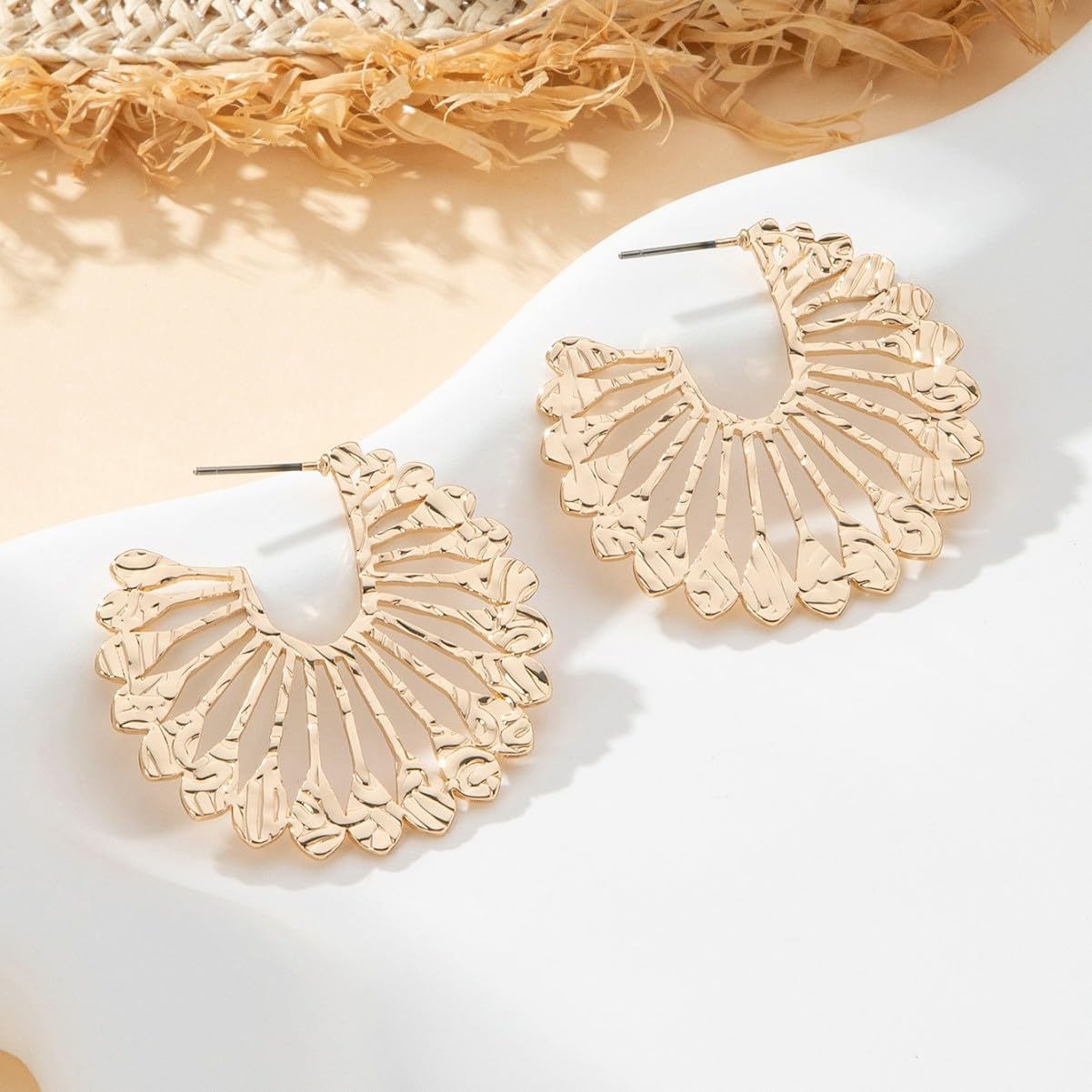 Gold Hollowed-out Flower Hoop Earrings, Statement Filigree Petal Design, Lightweight Metal Boho Style Elegant Jewelry for Women - Image 5