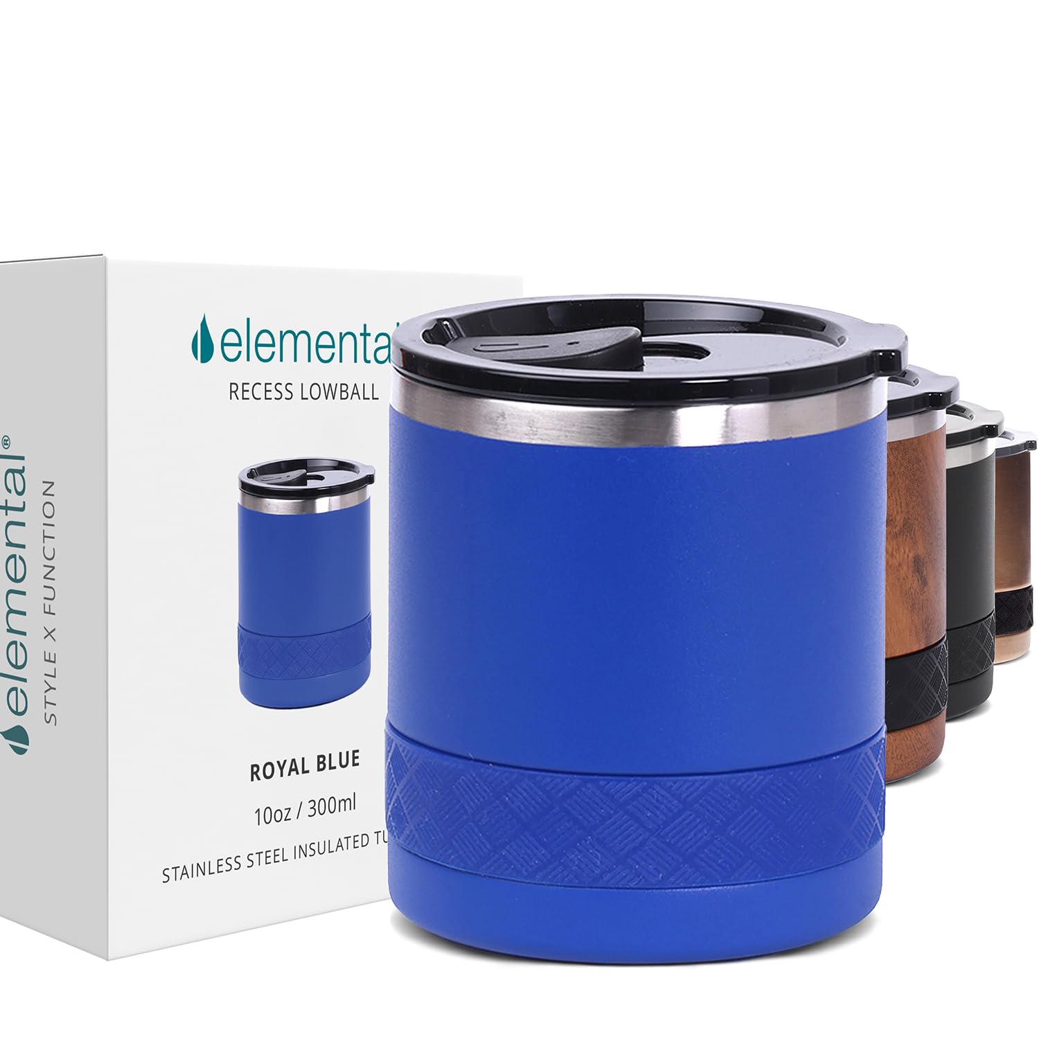 Elemental Recess Lowball Tumbler, 10oz Triple Wall Stainless Steel Cup with Non-Shattered Tritan Lid, Insulated Whiskey Glass, Insulated Coffee