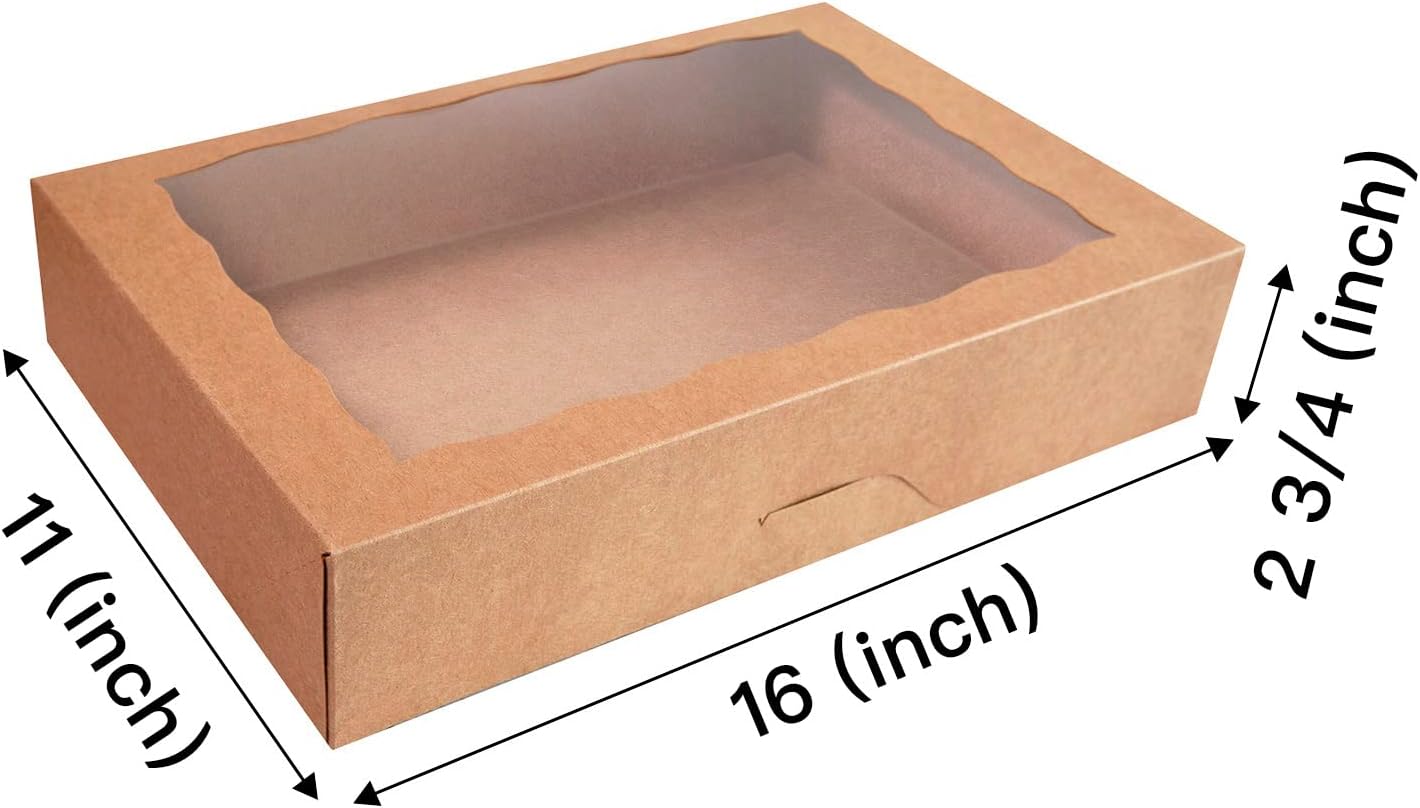 15-PACK Pastry Bakery Box 16x11x2.75inch,Brown Large Donuts,Muffins,Cookies Boxes with PVC Window Auto-Pop up Paper Box Nature Cardboard Take Out Container,Hold 12 Donuts,Pack of 15