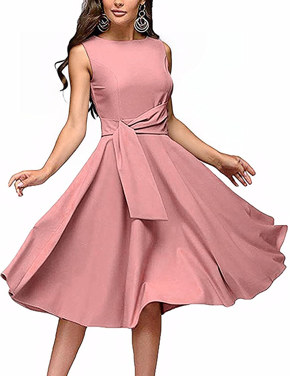 FENJAR Women's Elegance Audrey Hepburn Style Ruched Dress Round Neck Sleeveless Swing Midi A-line Dresses