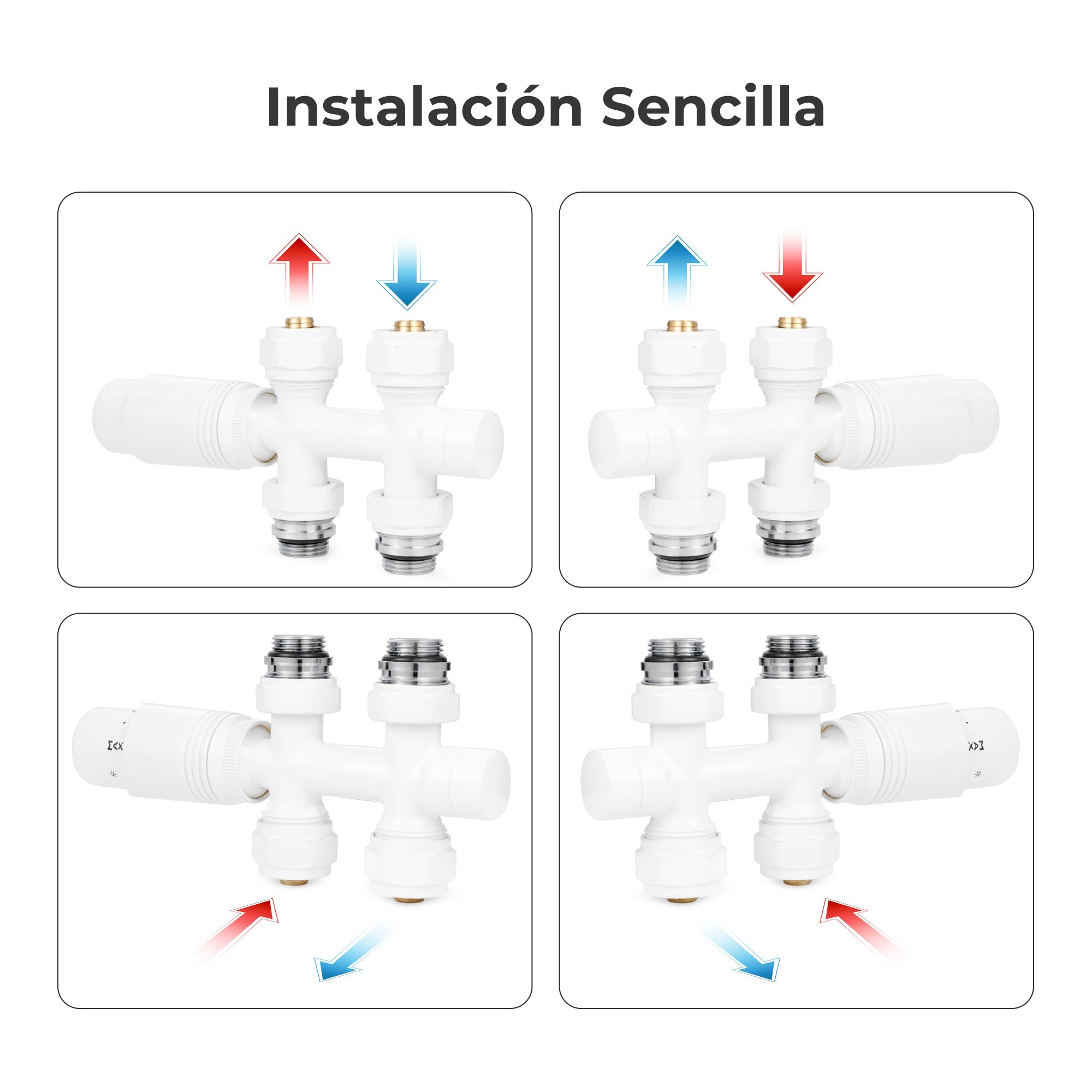 VANCOCO 2 bloques multibloque con termostato para radiadores de 50 mm, distancia entre bujes, bloque de grifo, grifos de válvula, juego de grifos en forma de paso con eurocono para tubos de plástico
