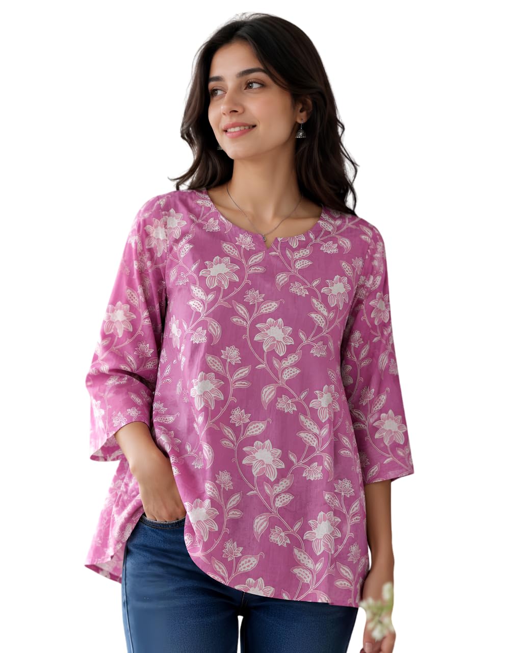 LARVIO Fabrics Women's Pink Floral Printed Tunic Top | Stylish Round Neck 3/4 Sleeve Short Kurti | Soft & Breathable Cotton Blend Casual Ethnic Top, Office, College & Travel-image-26