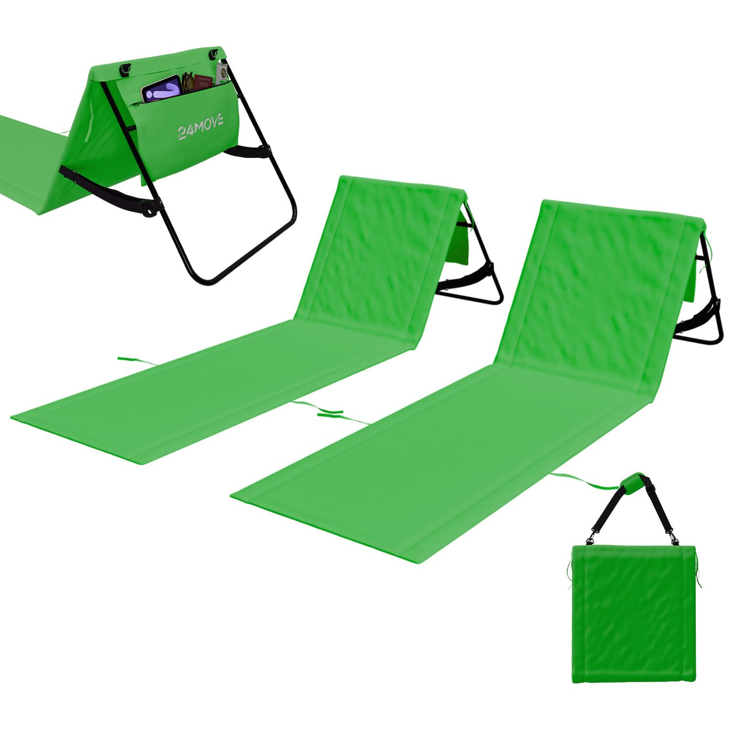24MOVE® Strandmatte Set klappbar mit Verstellbarer Rückenlehne, Strandliege faltbar mit Schlaufen, Aufbewahrungstasche, Sonnenliege für Strand Garten, versch. Farben