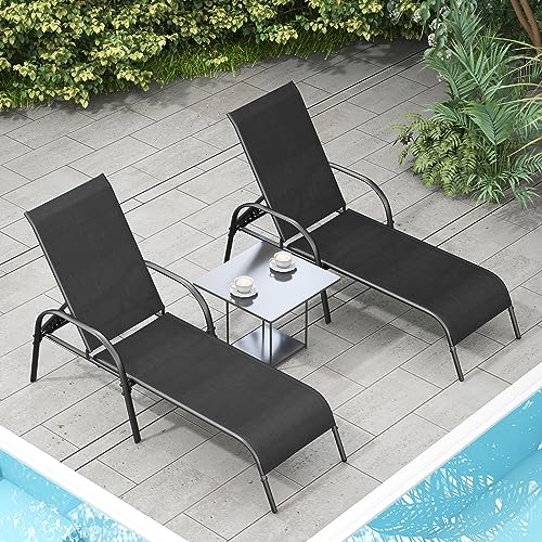 Image of Giantex 2 Pack Patio Lounge Chair, Outdoor Chaise Lounge with 5 Adjustable Backrest, Sturdy Steel Frame, Sunbathing Recliner, Beach Chair, Tanning Chair for Outside, Yard, Balcony, Pool Chairs, Black