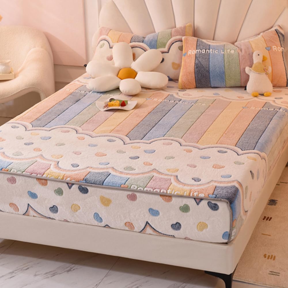 Hiseng Flanell Spannbettlaken, Jacquard Weiches Einfarbig Spannbetttuch Leintuch, bis 28 cm Matratzenhöhe, Elastisches Matratzenschoner für Boxspringbett & Wasserbett (200x220cm,Bunte Herzen)