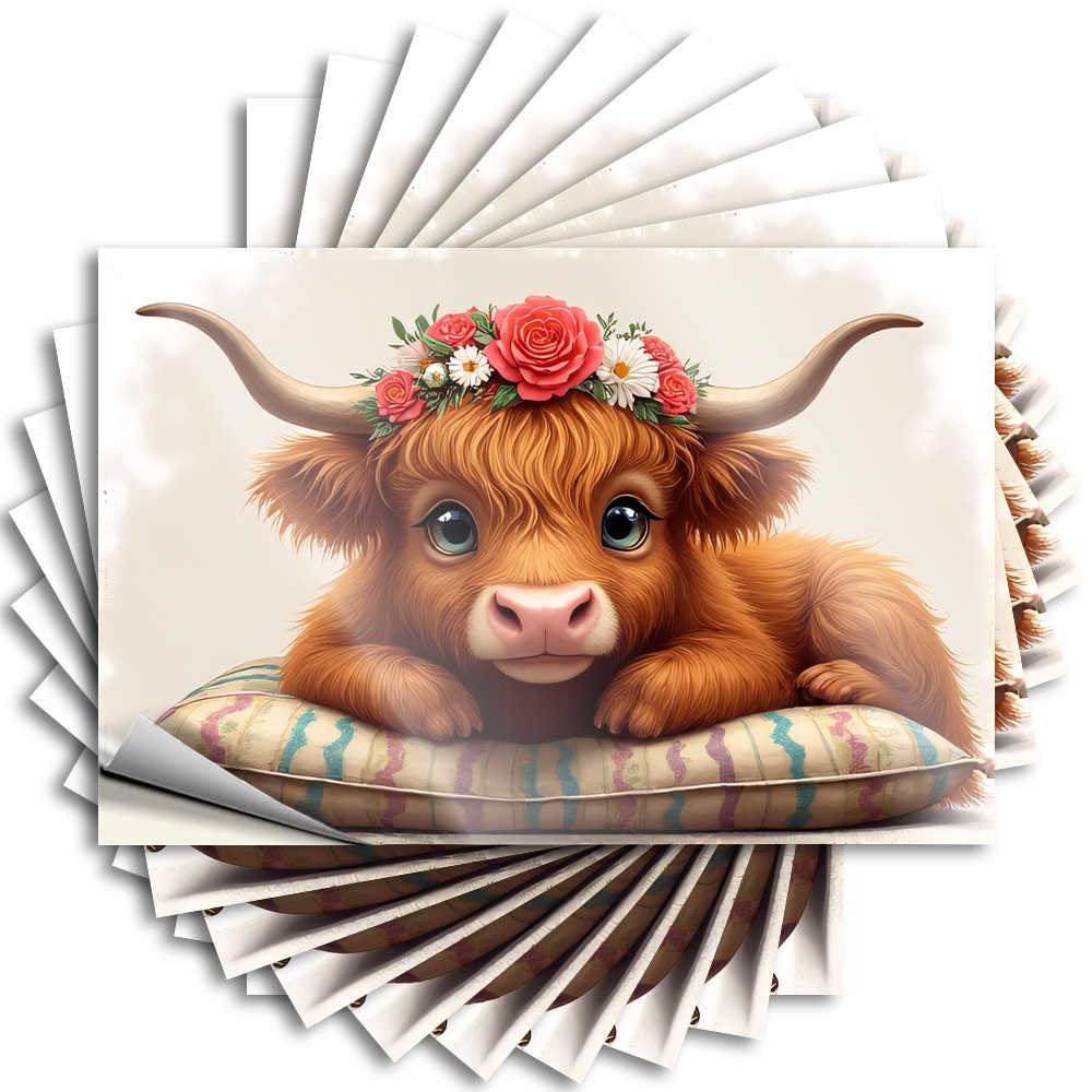 Abipuir Tool Box Stickers Floral Crowned Cow On Pillow Stickers 10Pcs Inappropriate Stickers Biker Helmet Stickers(6X9CM)