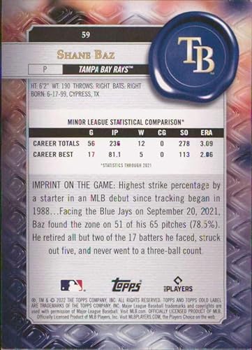 Miniatura 2 de 2022 Topps Gold Label Class 1#59 Shane Baz Tampa Bay Rays Rookie Baseball Card - GotBaseballCards
