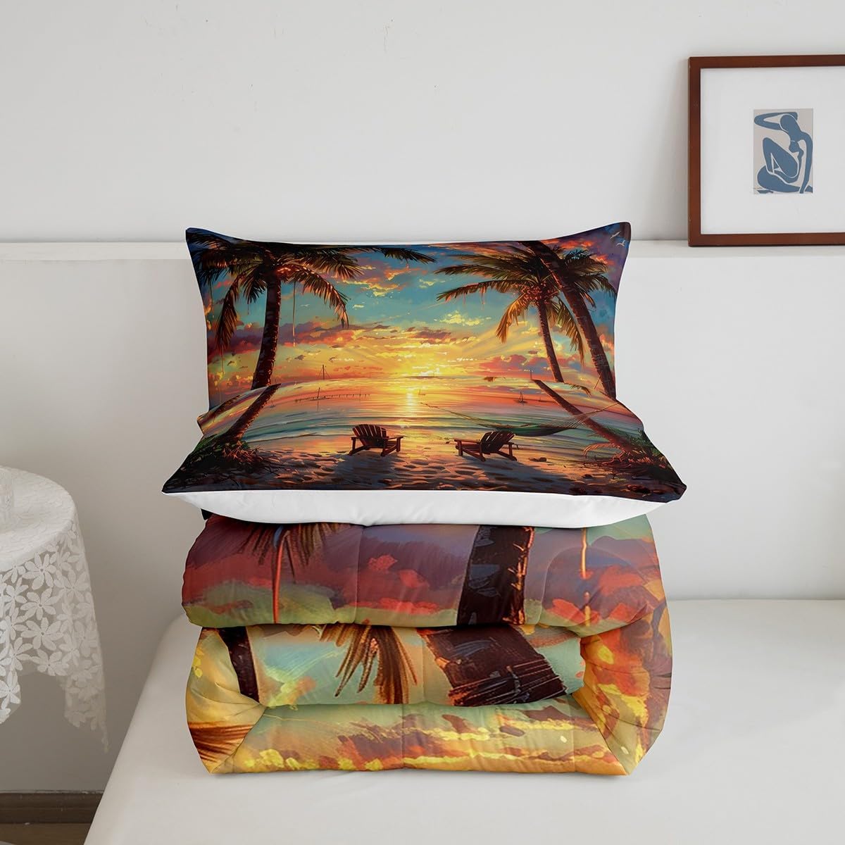 Tropical Sunset Palm Tree Bedding Comforter Sets Full,Ocean Sunset Coastal Beach Bedding Set for Bedroom Decoration,Watercolor Seaside Landscape with 1 Comforter and 2 Pillow Cases Bedroom Decor