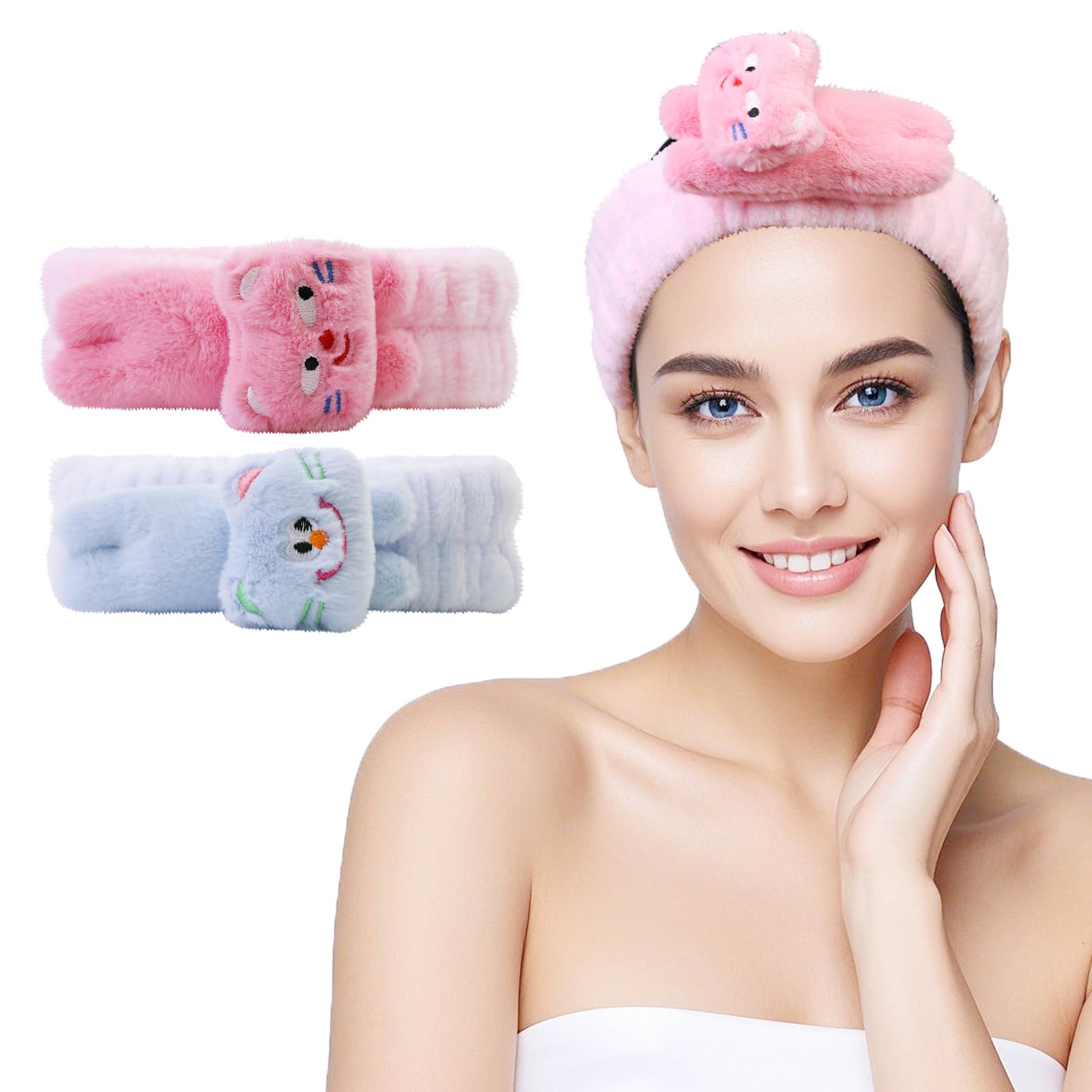 FlyingMage Kawaii Spa Headbands for Women Girls - 2 Pack Cute Soft Fleece Facial Headbands for Makeup, Skincare, Bath, Shower, Beauty and Face Washing