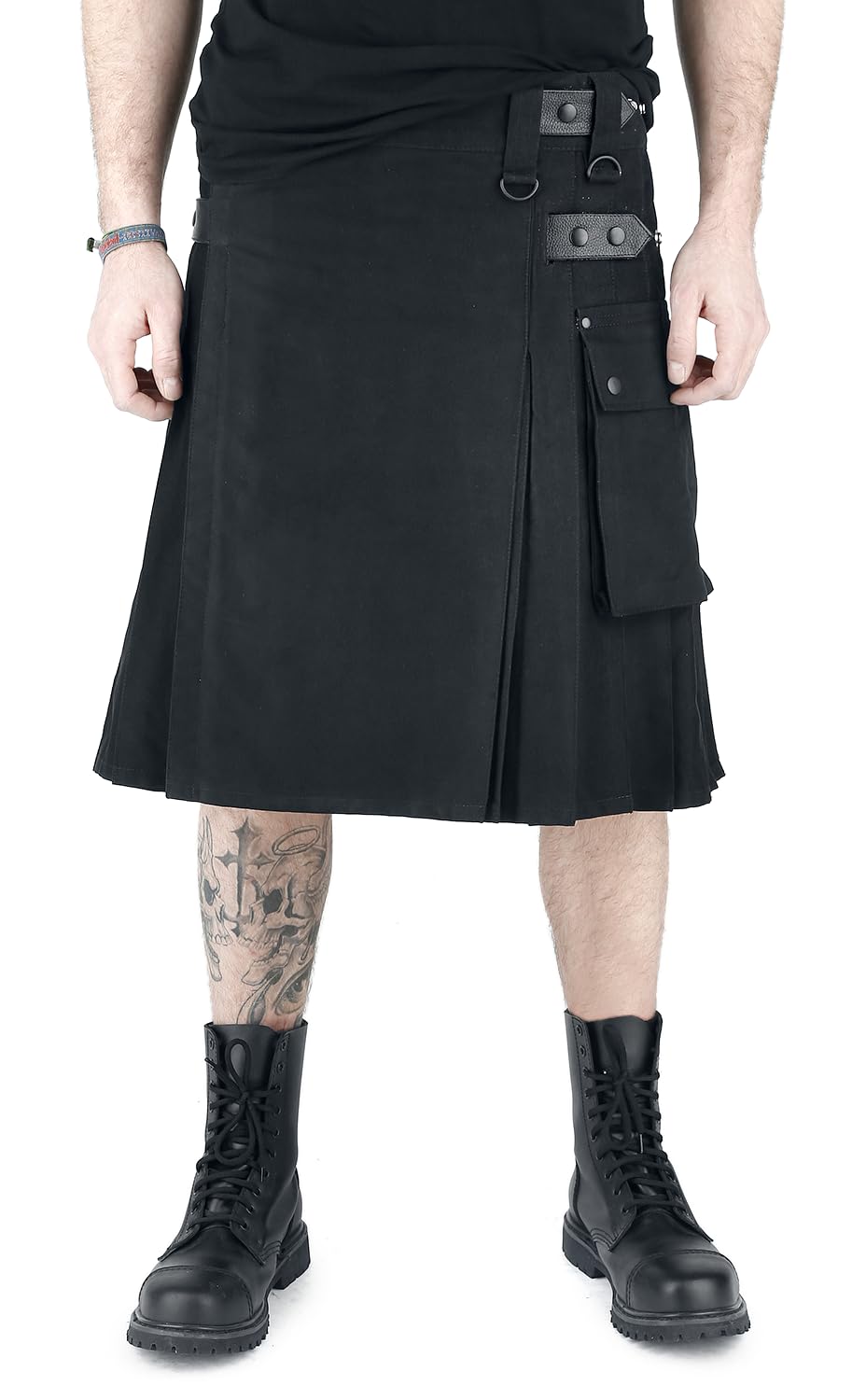 Black Premium by EMP Hombre Falda Escocesa Negra con Bolsillo de Parche