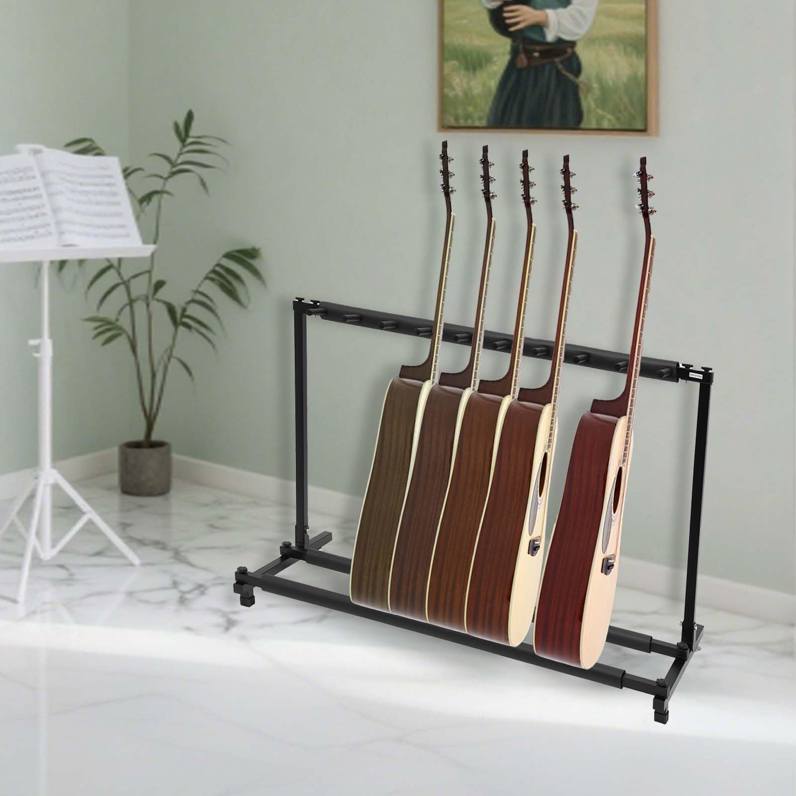 Stojak na gitarę, 9 przestrzeni, składany stojak na gitarę, wielokrotny, stojak basowy, stojak na gitarę, stabilny wyświetlacz, 110 x 47 x 73 cm, do gitary akustycznej, gitary elektrycznej, torba na