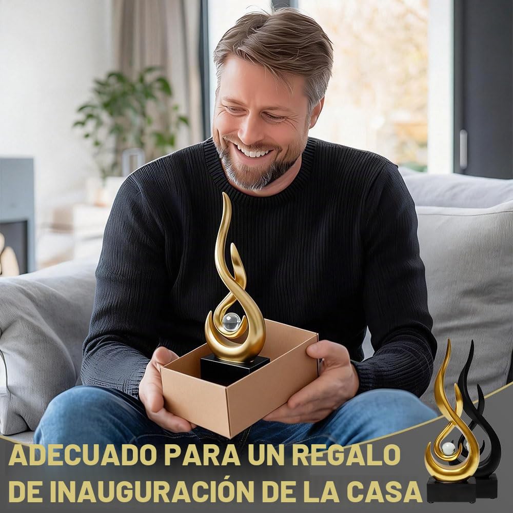 2 Piezas Esculturas de Llama Decoración Estatua Llama Moderna 29 x 8.7 x 4 cm con Bola de Cristal Escultura de Arte Abstracto para Sala de Estar, Oficinas, Comedor (Dorado, Negro)