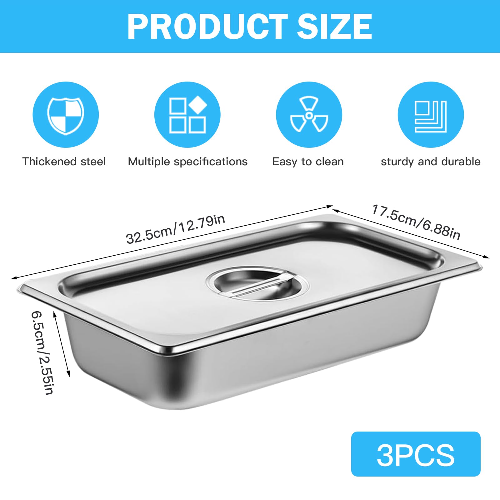 Set de bandejas para empanar 3 piezas, 32,5 x 17,5 x 6,5 cm, acero inoxidable GN 1/3, recipiente Gastronorm con tapa, bandeja de metal rectangular para rebozado, set de empanado para chuletas