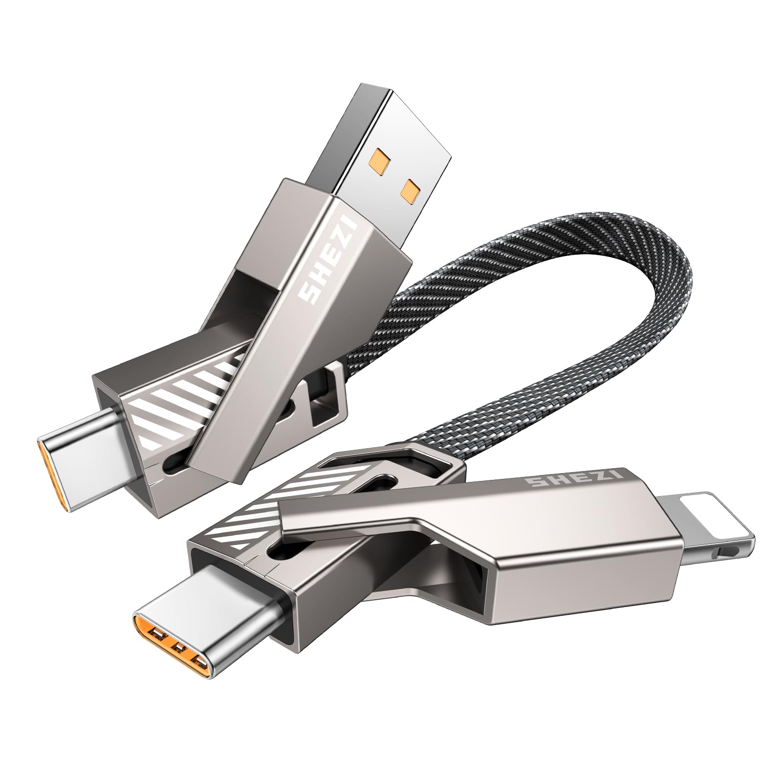 SHEZI [Upgraded 2.0] 4-in-1 Short USB C Cable 60W 0.6FT Fast Charging [480Mbps Data Sync] Flat Nylon Braided Charger Cord Combo, USB A/C to C/L Multi