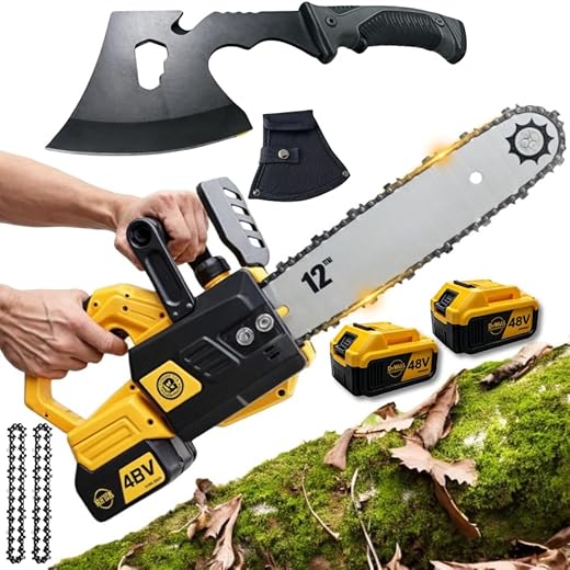 Motosserra Elétrica 48V com Bateria Recarregável, Lâmina de 12 Polegadas para Cortes Rápidos e Precisos, Tecnologia LowVibrai e Lubrificação Automática, Acompanha Machado Multifuncional