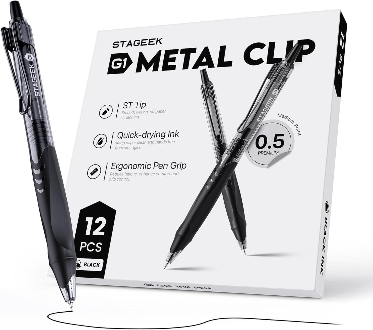 Paquete de 12 bolígrafos de gel negro, bolígrafos de tinta negra de secado rápido, bolígrafos retráctiles de punta fina de 0.5 mm para diario, escritura, negocios, suministros para oficina, escuela y