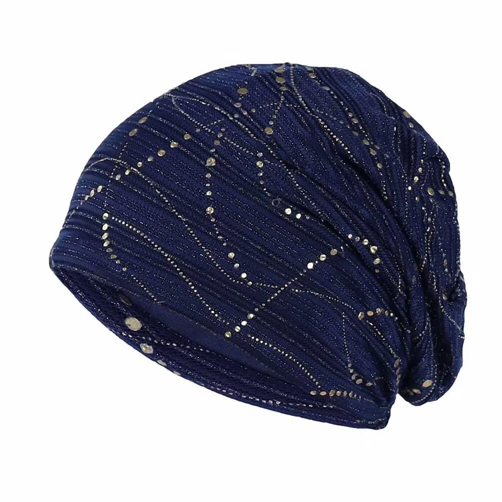 Plancholo Women's Blue Lace Chemo Turban Headwear Beanie Chemo Cap Chemo Headwear With Sequin