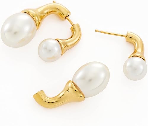 Miniatura 2 de C.Paravano Aretes colgantes de oro Aretes colgantes de oro perla Pendientes de boda de oro Aretes chapados en oro de 18 quilates para mujer