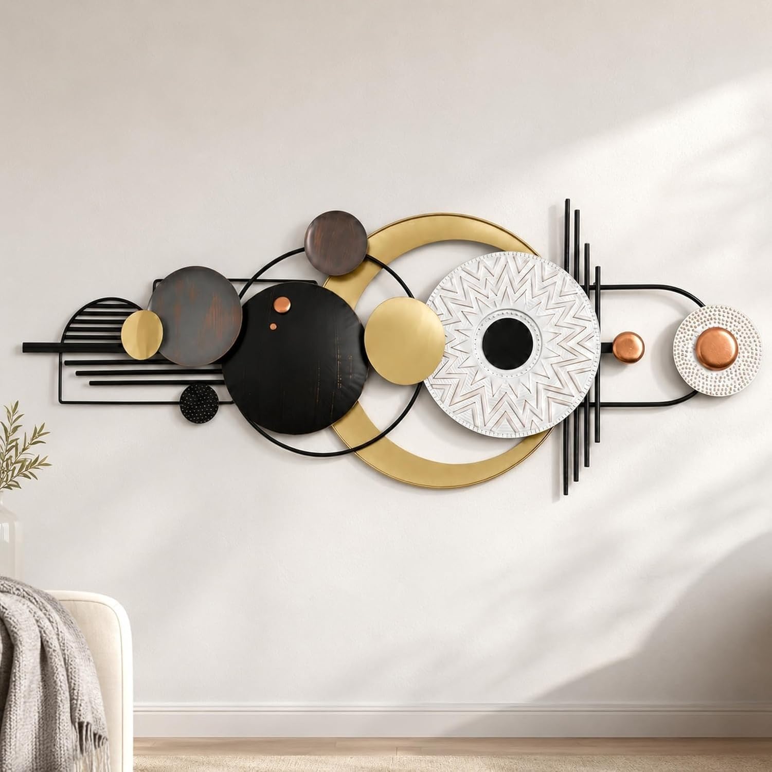 Ozdoba ścienna do salonu, nowoczesna geometryczna dekoracja metalowa ze światłem i subtelnym efektem 3D, lekka konstrukcja, zestaw z wkrętami ułatwiający montaż, Grey And Gold-150CM