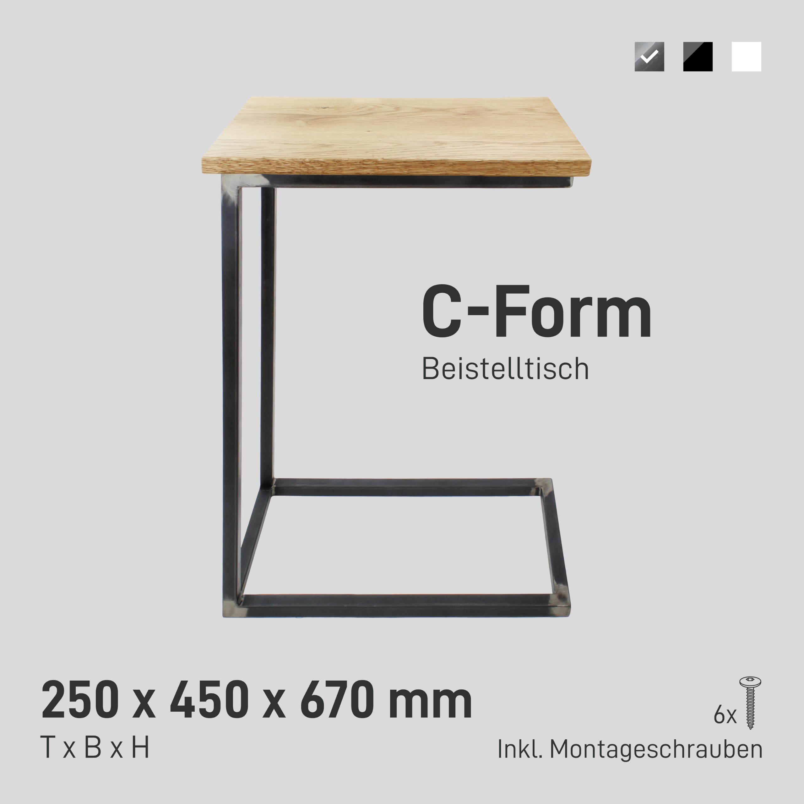 Natural Goods Berlin 1x Beistelltisch C-Form | Laptoptisch aus Metall und Holz | Couchtisch Sofa Kaffeetisch Sessel | praktische Ablage | Nachttisch Unterschieben (mit Tischplatte Eiche, Industrial)