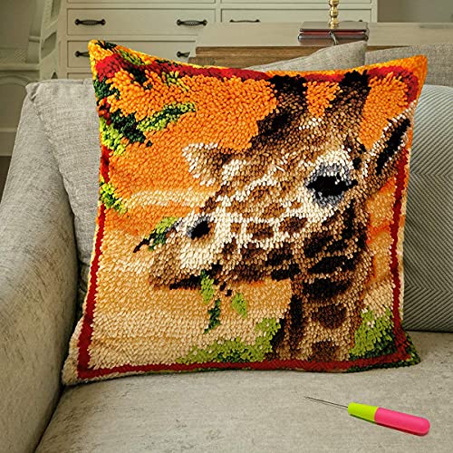 Image of clubevy Latch Hook Kits DIY Throw Pillow Cover Crochet Crafts for Beginner Kids and Adults Handmade Crafts Home Decoration Festival Birthday Gift,Giraffe 17 * 17 inch