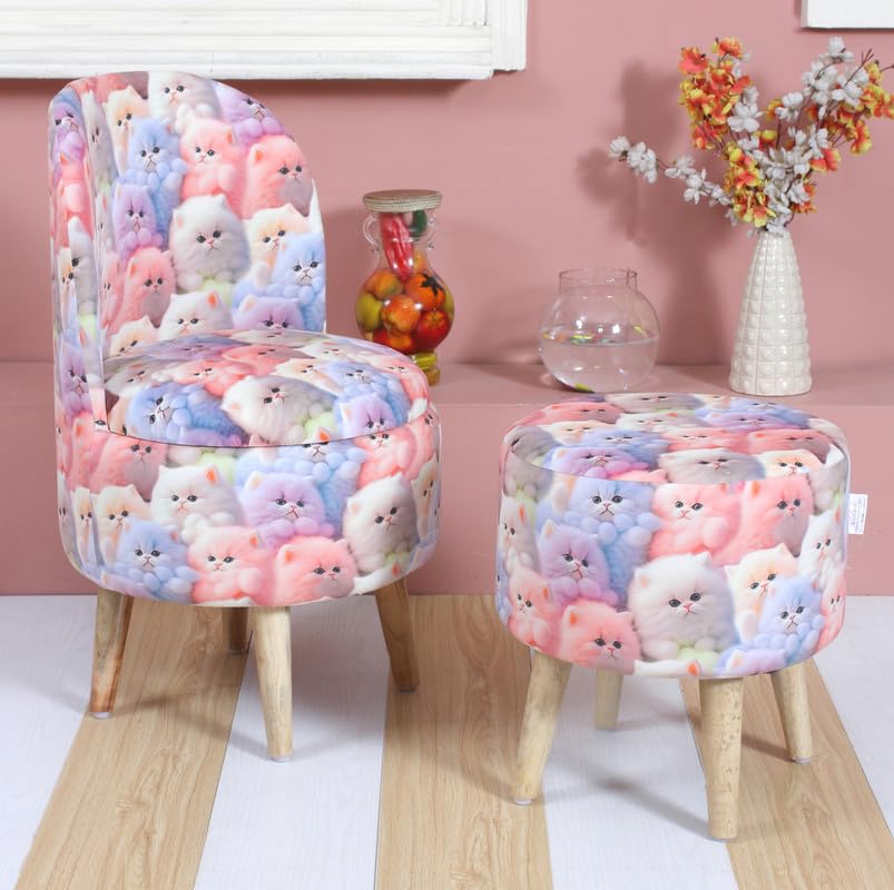 Image of Printed Ottoman Stool with Chair, Velvet Footrest Stool for Living Room, Wooden Legs Ottoman for Sofa & Living Room Decor, Chair (18 inchx32 inch), Puffy (16 inchx17 inch), Cmbo-Cat