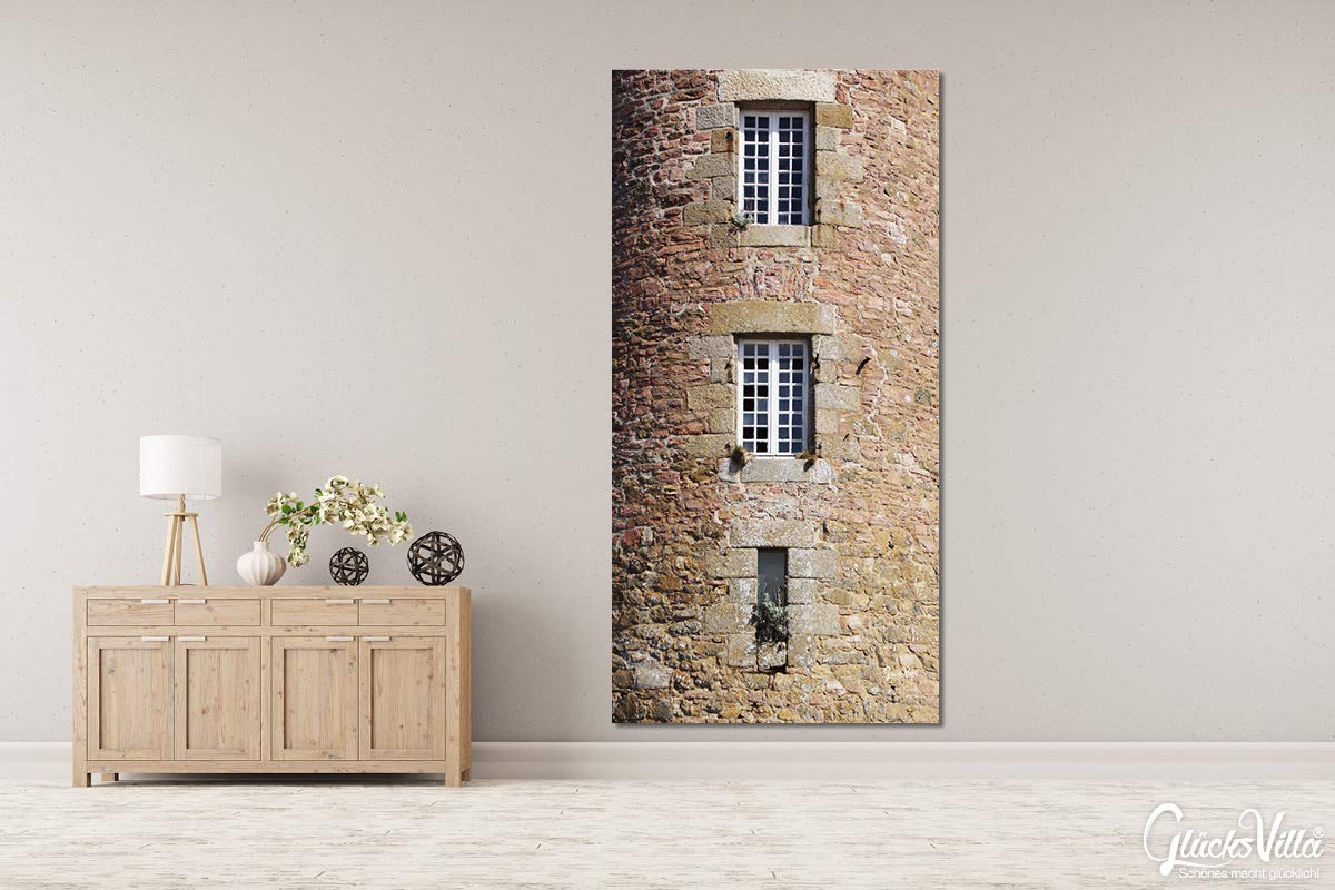 Glücksvilla - Turm mit Fenstern (Leinwand-Bild 2 cm, 50 x 100 cm) | div. Maße - aus DE - Kunstdruck Deko Wandbild quer - Frankreich Roscoff Stein-Optik Steinwand Dorf Stadt Meer
