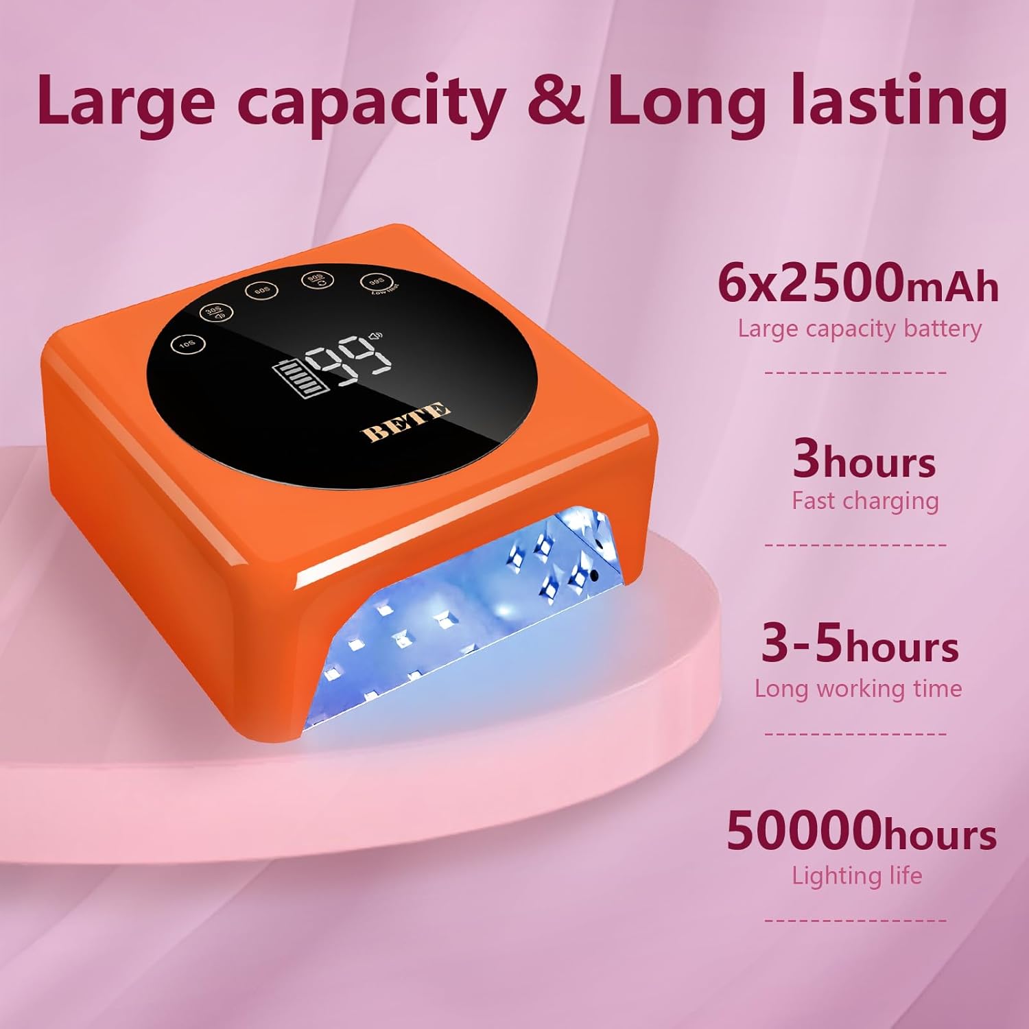 BETE Cordless 78W Rechargeable LED Nail Lamp Orange with 20 PCS Nail File
