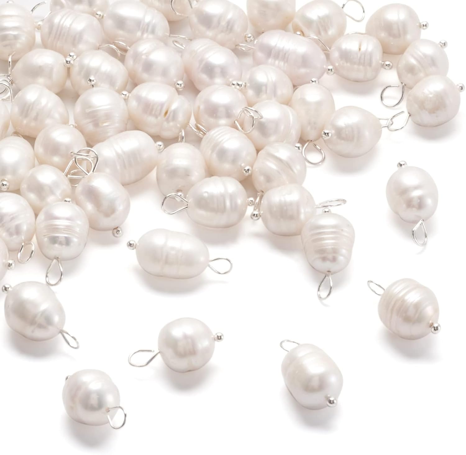 Crafans 50Pcs Freshwater Pearl Pendants with Brass Loops White Natural Pearl Beads Pearl Charms Summer Charms with Silver Loop for Wedding Bouquet Jewelry Making