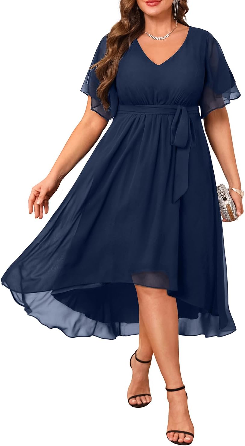 TaliseaPlus Size Dresses Wedding Guest - Formal Cocktail Chiffon V Neck Short Sleeve High Low Dress Curvy Women