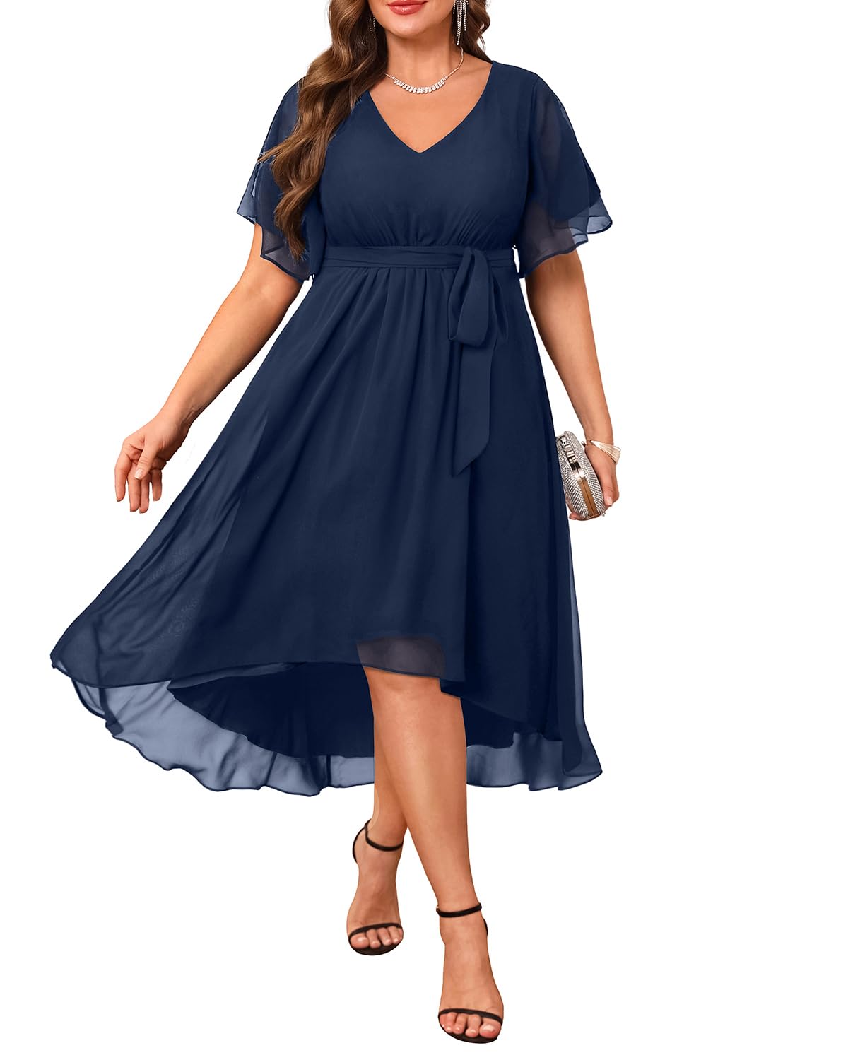 Plus Size Dresses Wedding Guest - Formal Cocktail Chiffon V Neck Short Sleeve High Low Dress Curvy Women