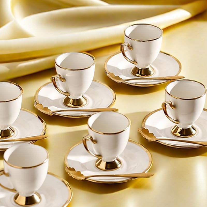 Ceramic coffee cups and saucers, 6 cups 6 saucers 6 spoons, 18 pieces 3 ounce gold rim cup sets, teacup tea set sets, suitable for cappuccino, latte, mocha (Modern)