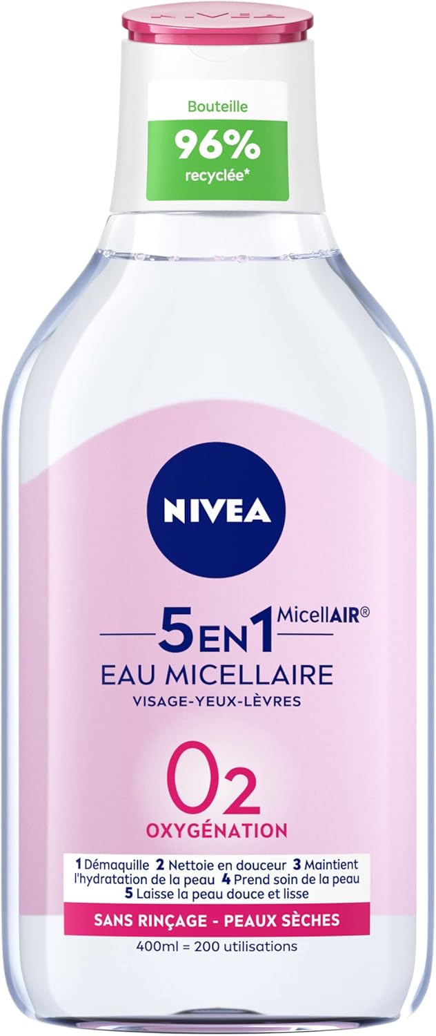 NIVEA Micellair Micellair Skin Breath Micellair Water voor de droge en gevoelige huid (2 x 400 ml), 3-in-1 make-up remover zonder geur of kleuring, gezichtsreiniger, ogen en lippen