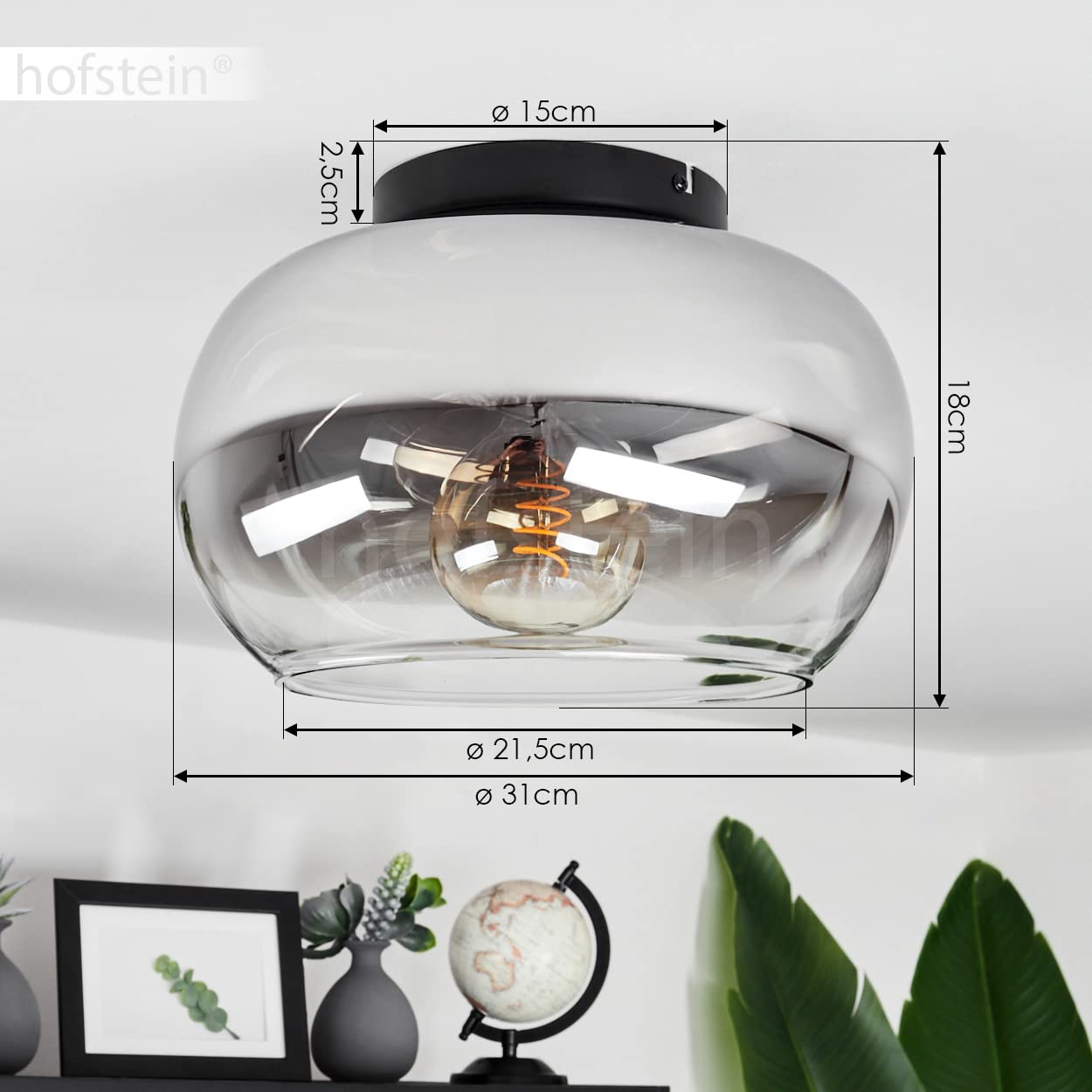 HOFSTEIN Deckenleuchte Molloy, Deckenlampe aus Metall/Glas in Schwarz/Rauchfarben/Klar, moderne Leuchte im Retro/Vintage-Design, Ø 31 cm, E27, Schlafzimmer, Wohnzimmer, Küche, Esszimmer