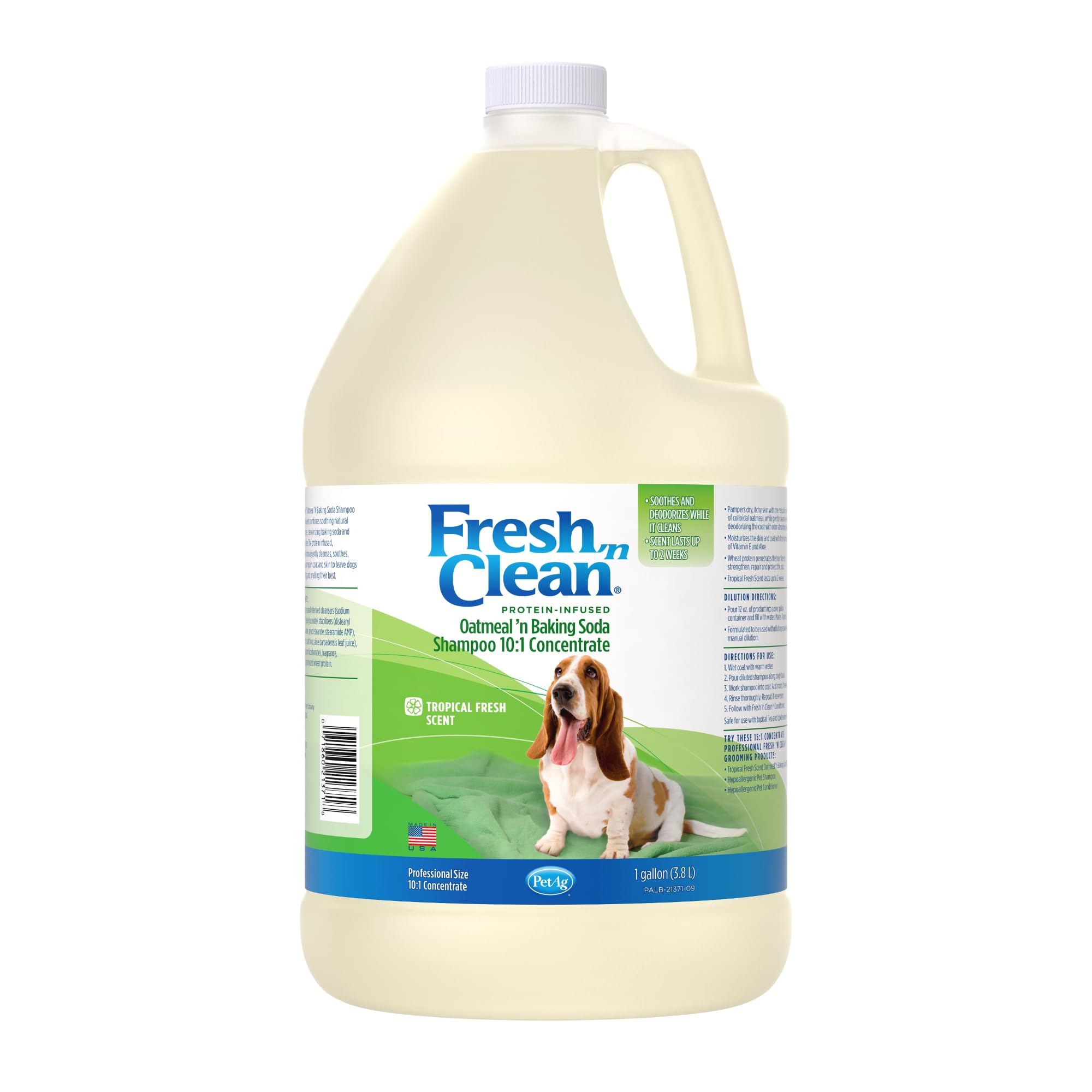 PetAg Fresh ’n Clean Oatmeal ’n Baking Soda Shampoo - Tropical Fresh Scent (10:1 Concentrate) - 1 Gallon - Nurtures Dry, Itchy Skin with Vitamin E & Aloe - Strengthens & Repairs - Soap Free