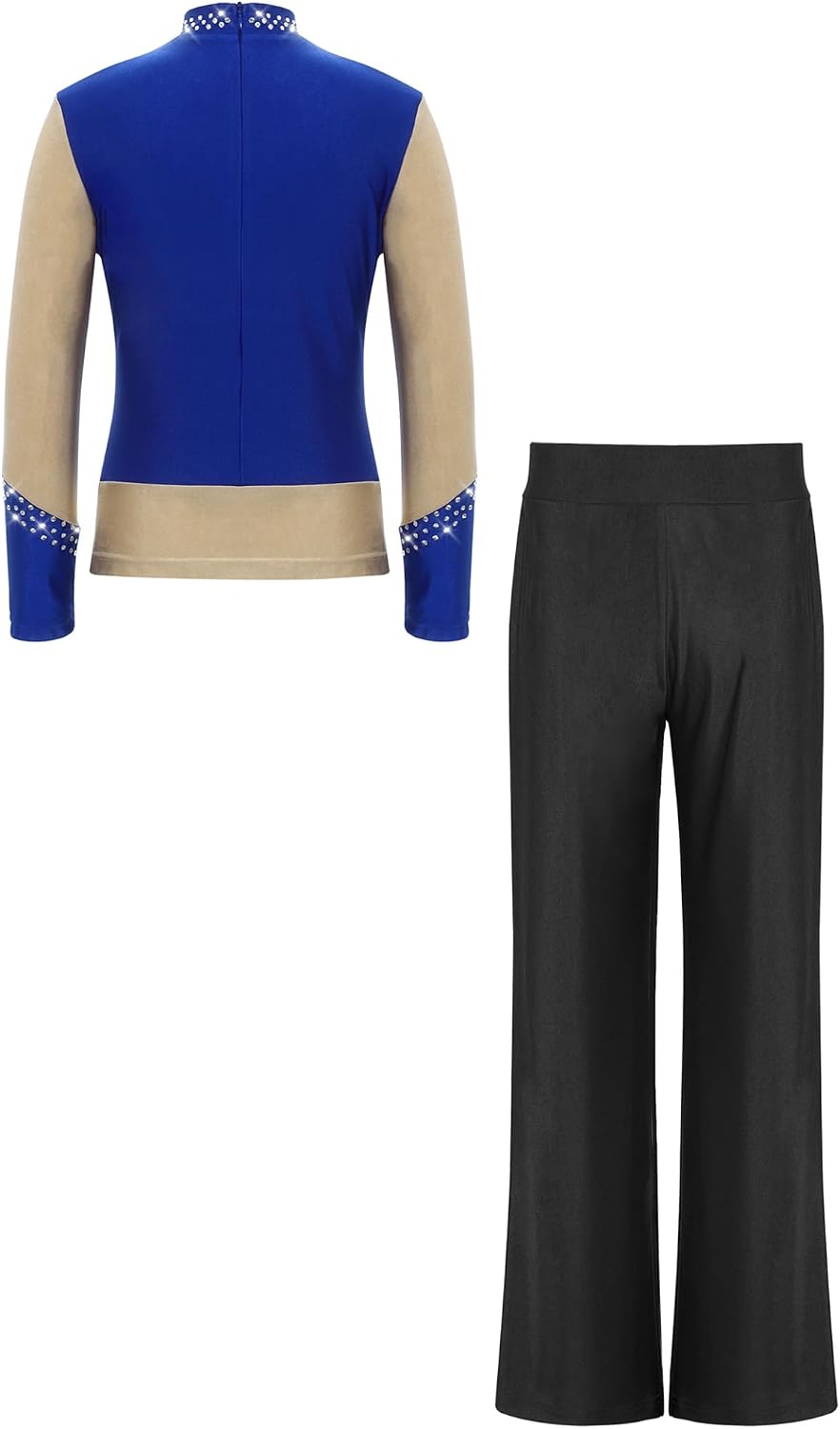 Kids Boys Figure Skating Outfit Shiny Rhinestone Latin Dance Top and Jazz Pants Ice Skating Clothing Set