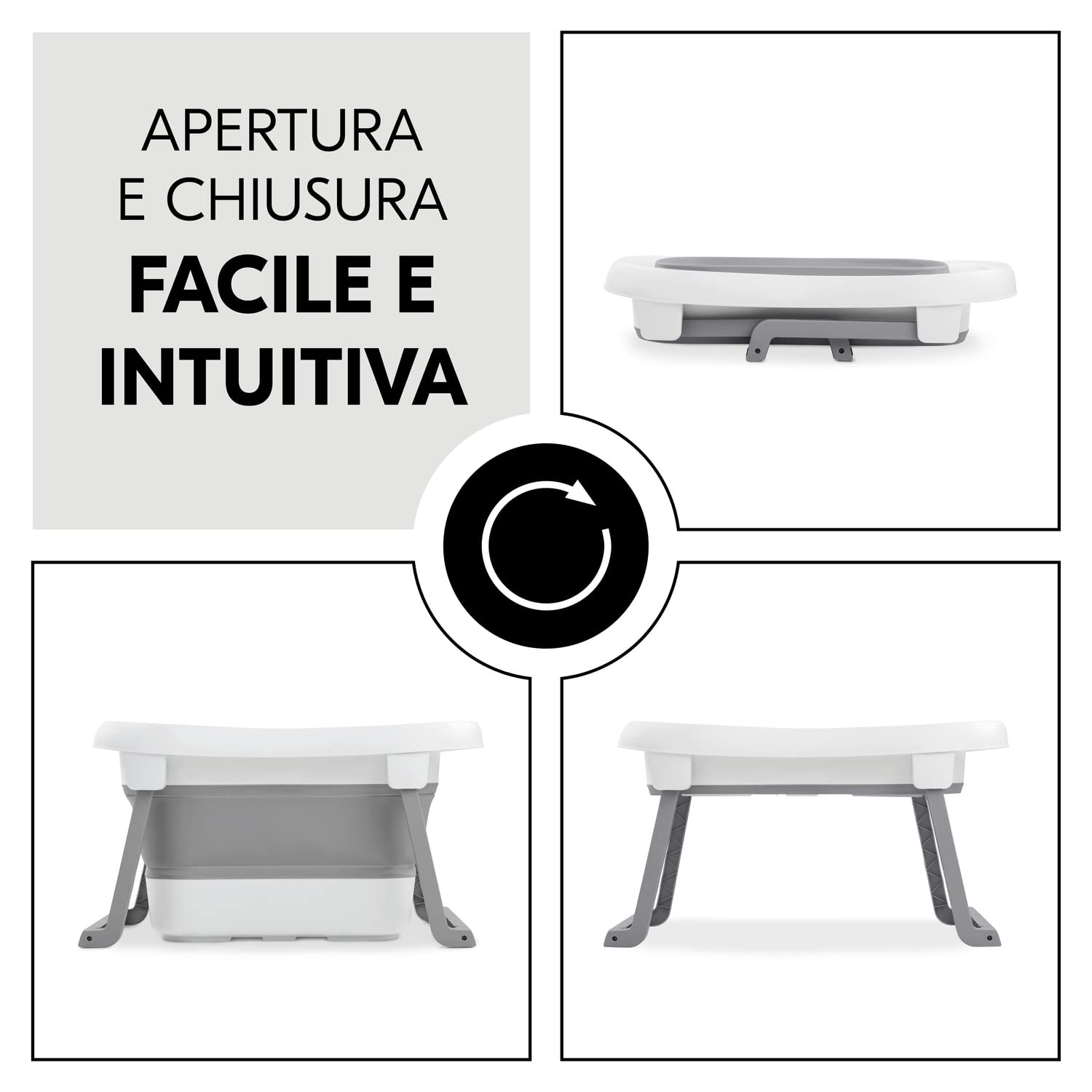 hauck Wash N Fold L, Grigio - Vaschetta Bagnetto Neonato con Sgabello e Tappo Termosensibile - 80 x 56 x 44 cm - Vasca da Bagno dalla Nascita fino a 18 kg - Pieghevole e Portatile