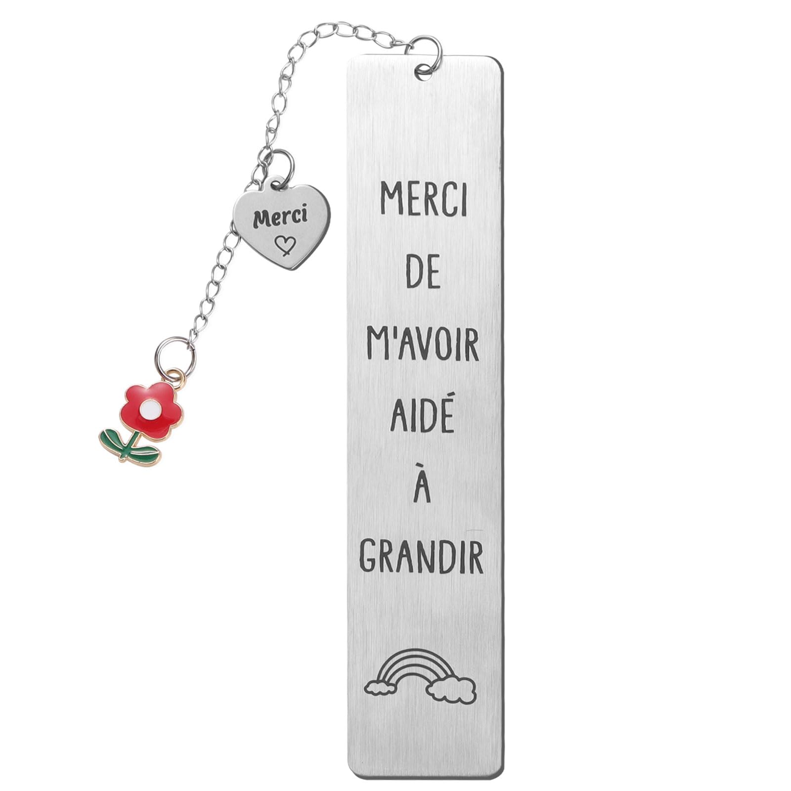 Regalo Profesora Maestra Infantil Primaria, 1* Marcapáginas en Francés Metal + 1* Cajita, Marcador Libro Dije Flor Roja, Regalo Graduación Despedida Guardería Colegio Escuela Navidad